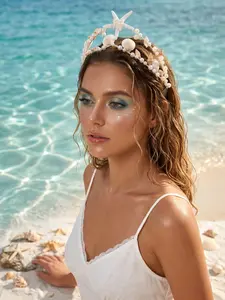 Mermaid Princess Seashell Crown Hairband, Handmade Starfish Artificial Pearl Wedding Headpiece, Non-Slip Beach Bridal Accessory