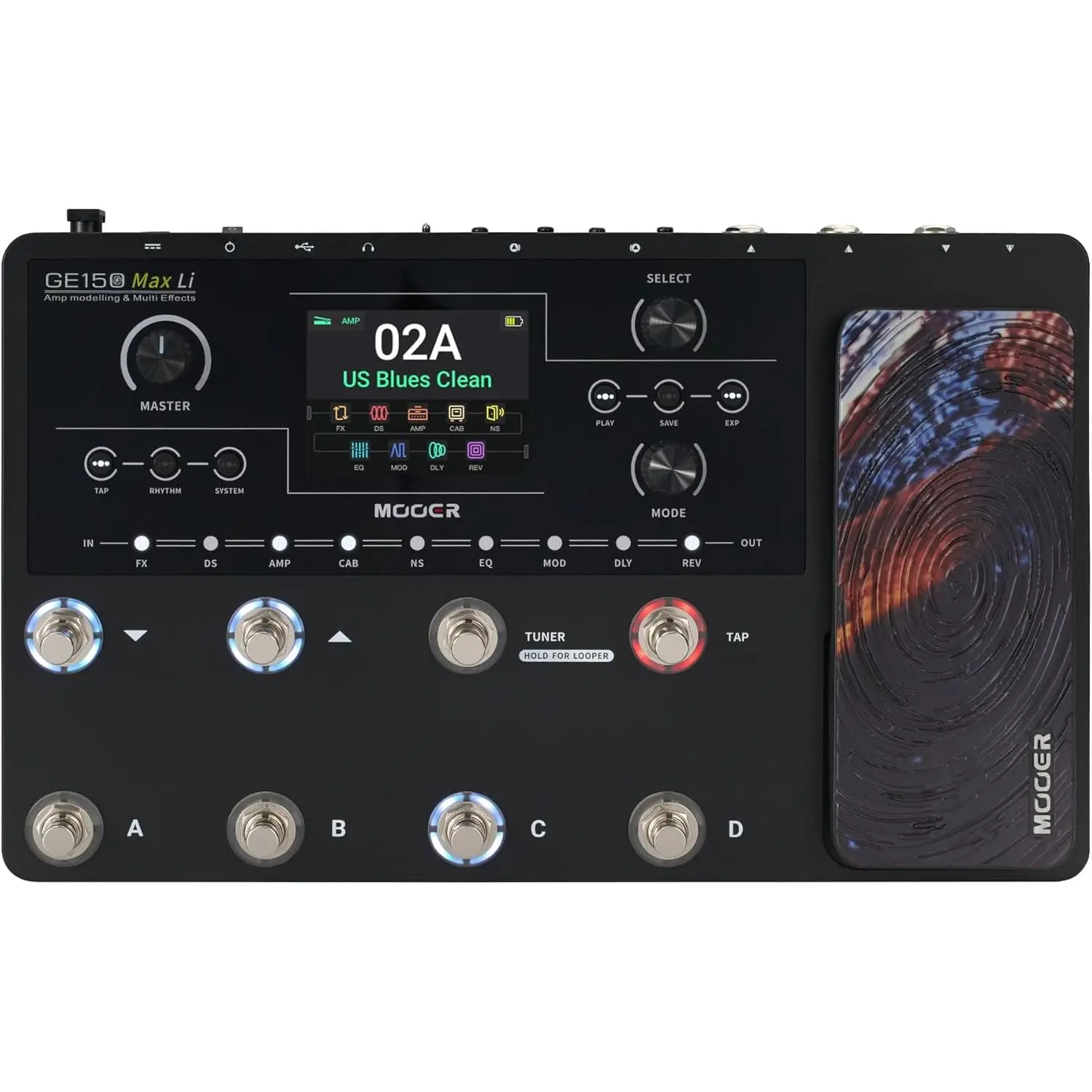 MOOER GE150 Max Li Battery-Powered Guitar Amplifier Modeling Multi-Effects Processor Musical Instrument - 8-Footswitch Floor Pedal, XLR Stereo Output, OTG Audio Recording, CTRL Mode, Flexible Stage Use