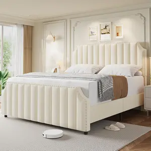 Garvee King Size Velvet Bed Frame, 50.2 in Tall Headboard & Footboard, Upholstered Platform King Bed Frame with Nailhead Trim, No Box Spring Needed, Noise Free, Solid Wooden Slats, Beige