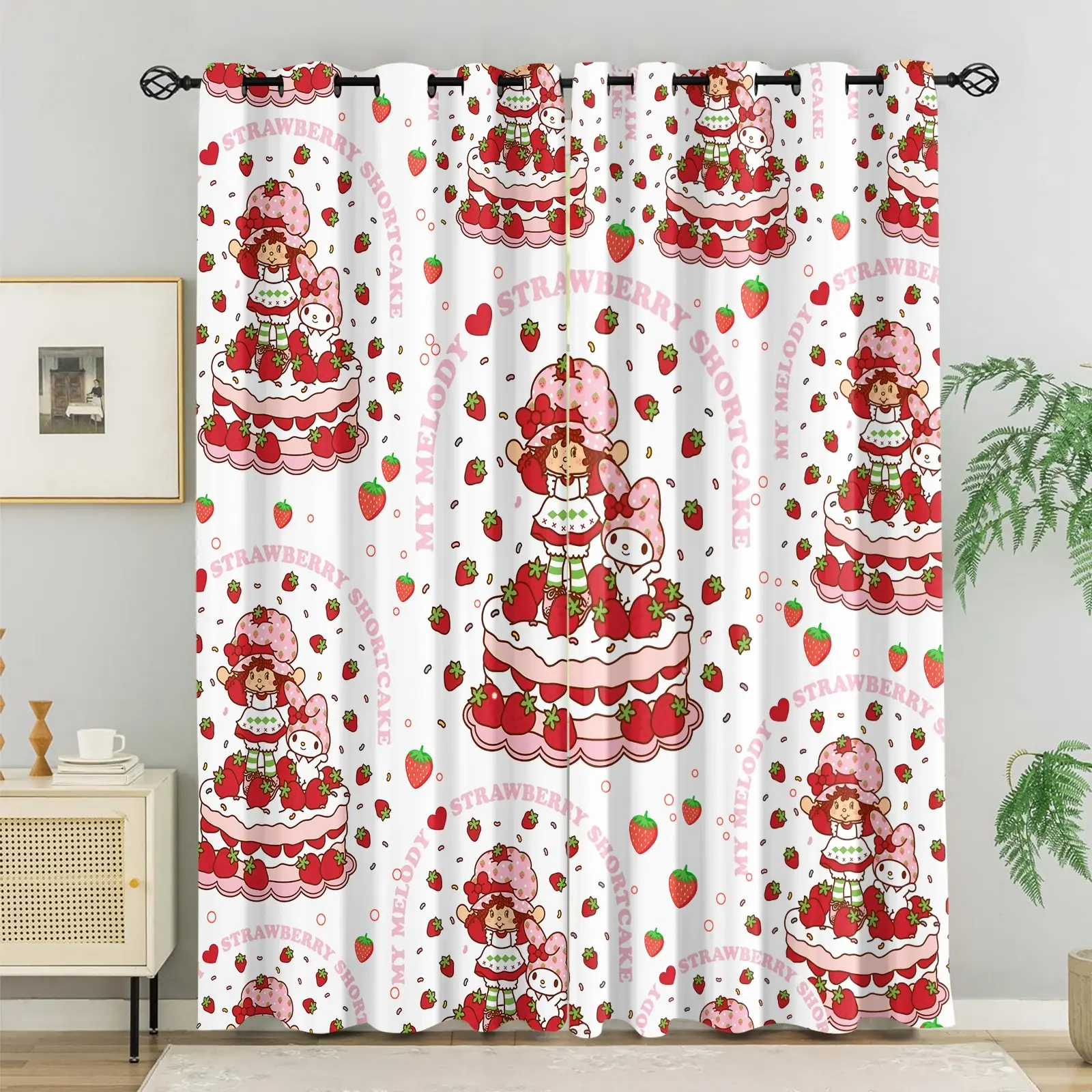 Strawberry Shortcake x My Melody Strawberry Cake Print Blackout Privacy Grommet Curtains, Home Decorative Curtain, 2 Panels Thermal Insulated Sun Protection Window Drapes for Bedroom, Balcony, Living Room, Cute Kawaii Cartoon Kids Room Decor