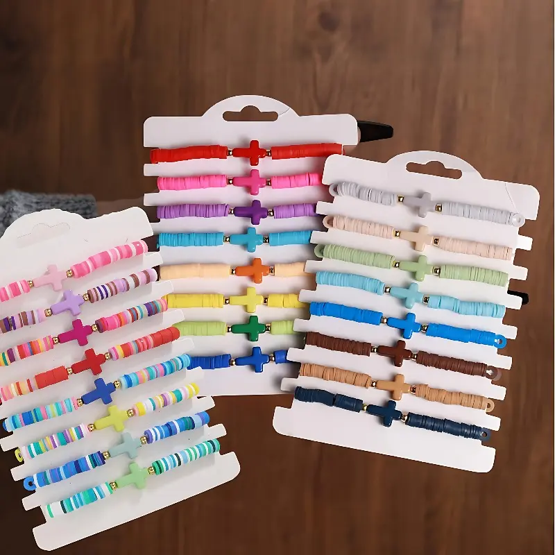 Women's 24pcs Bohemian Stretchy Bracelets Set - Cross Charm Soft Clay Beaded, Macaron Color Arm Candy Accessories, Bohemian Look for Casual Attire, Party Favors