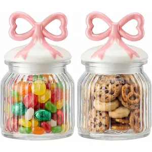 LemonRoad 2 Set Pink Canister 22 oz Pink Bow Glass Jars with Lids Coquette Decorative Canister Airtight Glass Jars for Candy Cookie Chocolate Sweets Food Storage Kitchen Accessories Room Decor