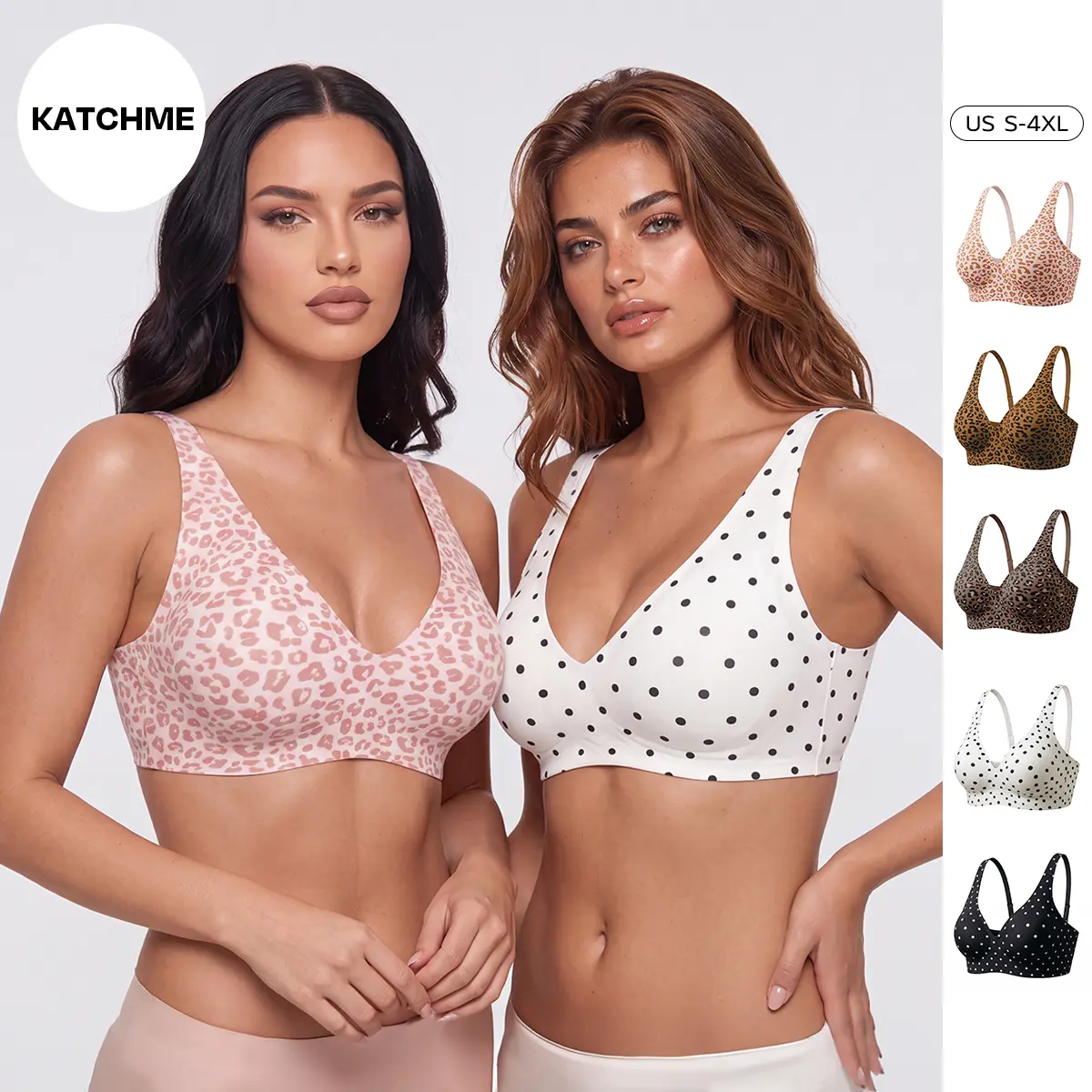 Katch Me Chic Women's Leopard Print Full Coverage Wireless Gentle Support Push-Up Bra, Adjustable Wide Strap Seamless Jelly Support Curves Friendly Bralette, Plus Size Smoothing Bra