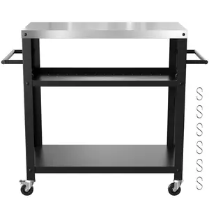 Outdoor Grill Cart with Three-Shelf, Stainless Steel Pizza Oven Table for Outside, Dining Kitchen Cart with Two Side Handle, Garden Patio BBQ Kitchen Food Prep Table Cart