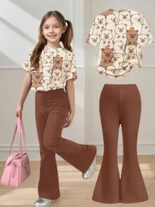 Summer Girls Short Sleeve T-Shirt & Bell Bottoms Set, Kawaii Cartoon Print, Elastic Soft Fabric, Casual for Outdoor Wear