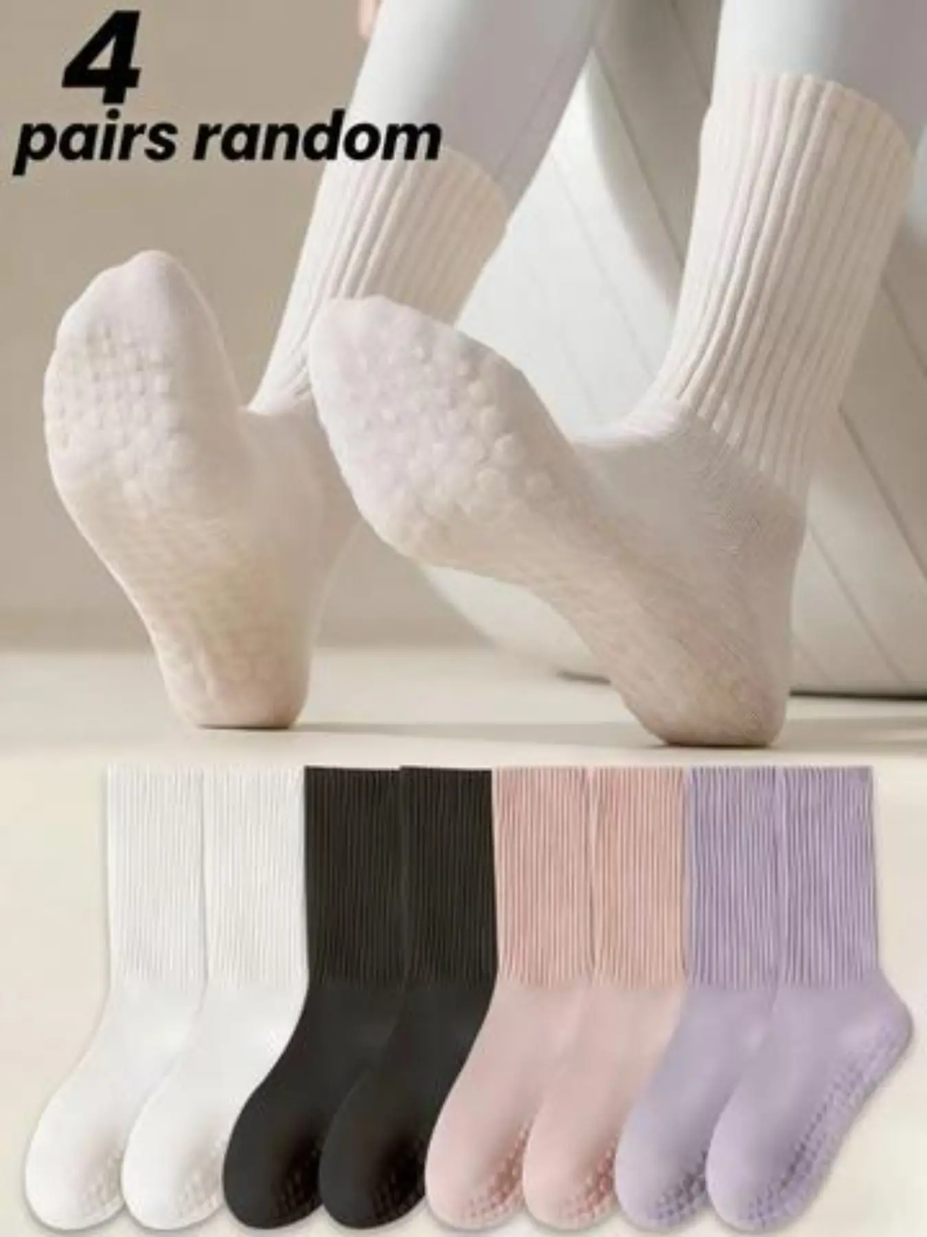 4 Pairs Women's Youth Professional Pilates Non-Slip Toe Socks, Yoga Socks, Ballet Socks, Comfortable Soft, Gym Wear, All Seasons, Grippy Socks, Grip Sports Socks