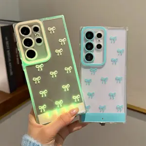 LED Light Up Bowknot Phone Case for Samsung Galaxy S24/S25/S26 Ultra Plus, LED Flash Light up Incoming Call Phone Case, Shockproof Clear TPU Cover for Women Girls