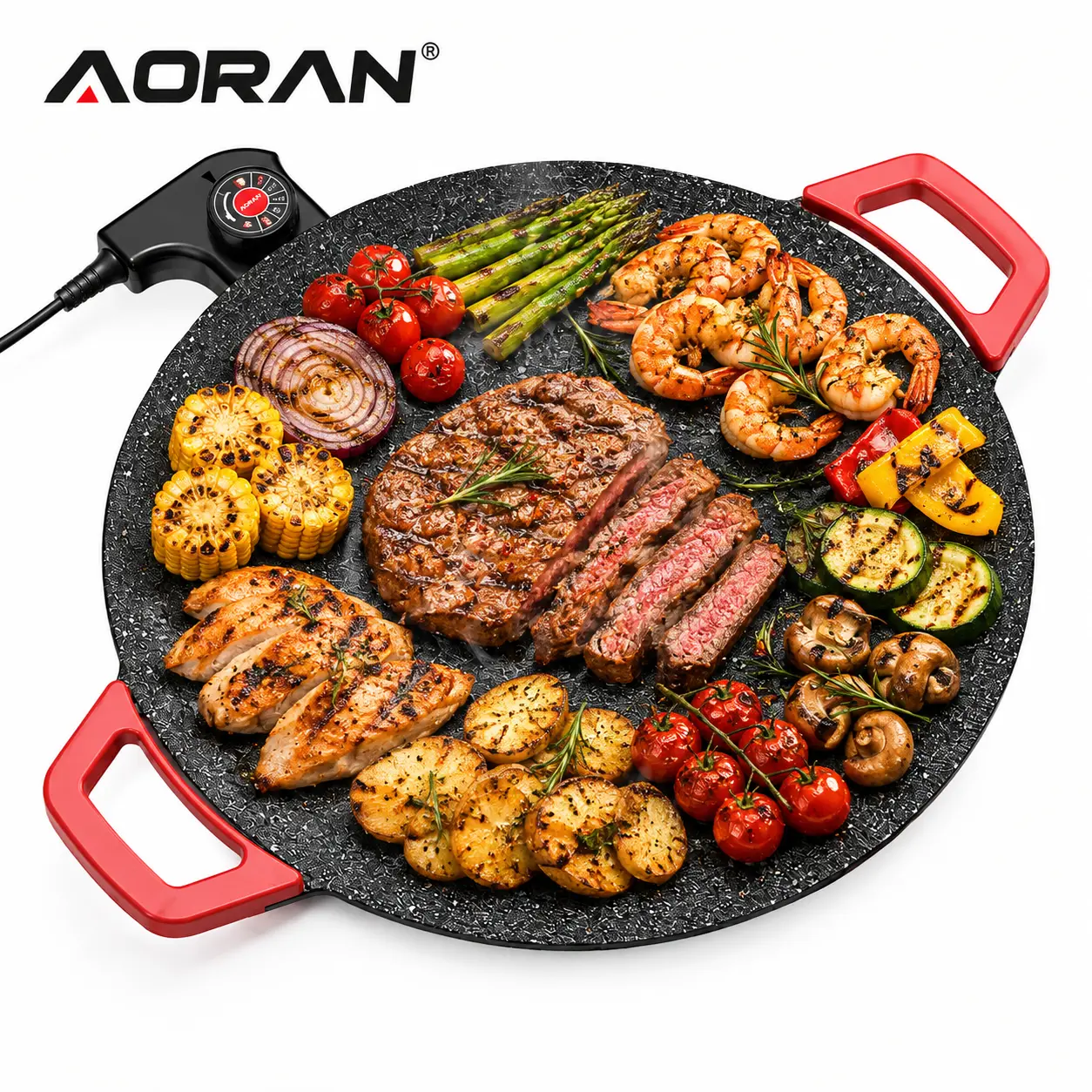 AORAN 16-in Corded Nonstick Electric Grill Pan with Temperature Control - Indoor Sizzle Grill Griddle, Table Top Kitchen Appliance for Family Dinners, Sizzle Grill Griddle Indoor