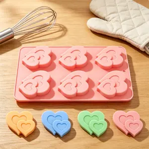 1pc double heart silicone cake mold, 6-cavity eternal ceremony design, non-stick, easy to demold, suitable for heart-to-heart chocolate, cakes, sweet vow baking tools