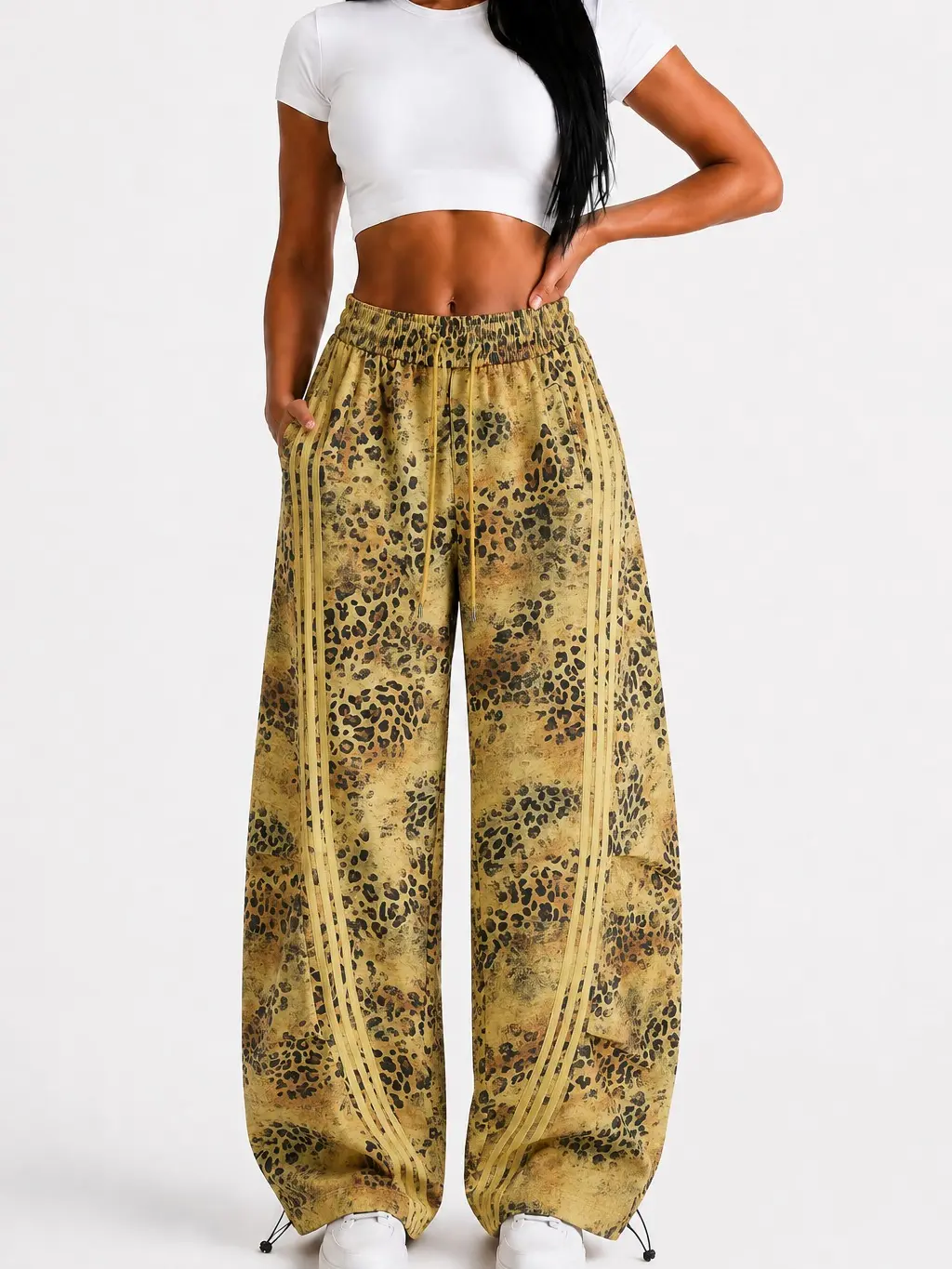 Flooo Women's Leopard Print Wide Leg Cargo Jogger Pants – Oversized Streetwear Parachute Sweatpants with Side Stripe & Adjustable Hem