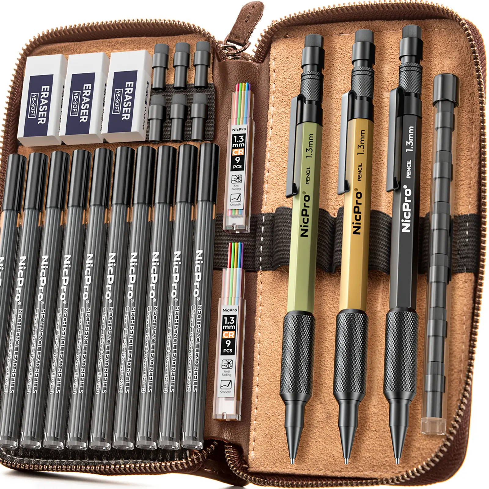 Nicpro 1.3 mm Mechanical Pencils Set - Multi-Refill, Pencil Grip, Colorful Assorted Heavy-Duty Office Stationery Writing Tool with 138 Black & Colored Lead Refills, Erasers, Weatherproof Metal Leather Bag for Outdoor Drafting, Woodworking, Multi-Refill Pe