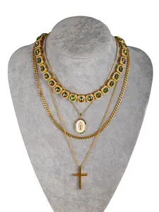 Unisex Streetwear Rhinestone Decorated Cross Round Pendant Necklace (4pcs/set), Trendy Stainless Steel Minimalist Statement Religious Necklace for Party & Daily Clothing Decoration, Sparkling Zircon Inlay Jewelry Men, Punk Style Necklace