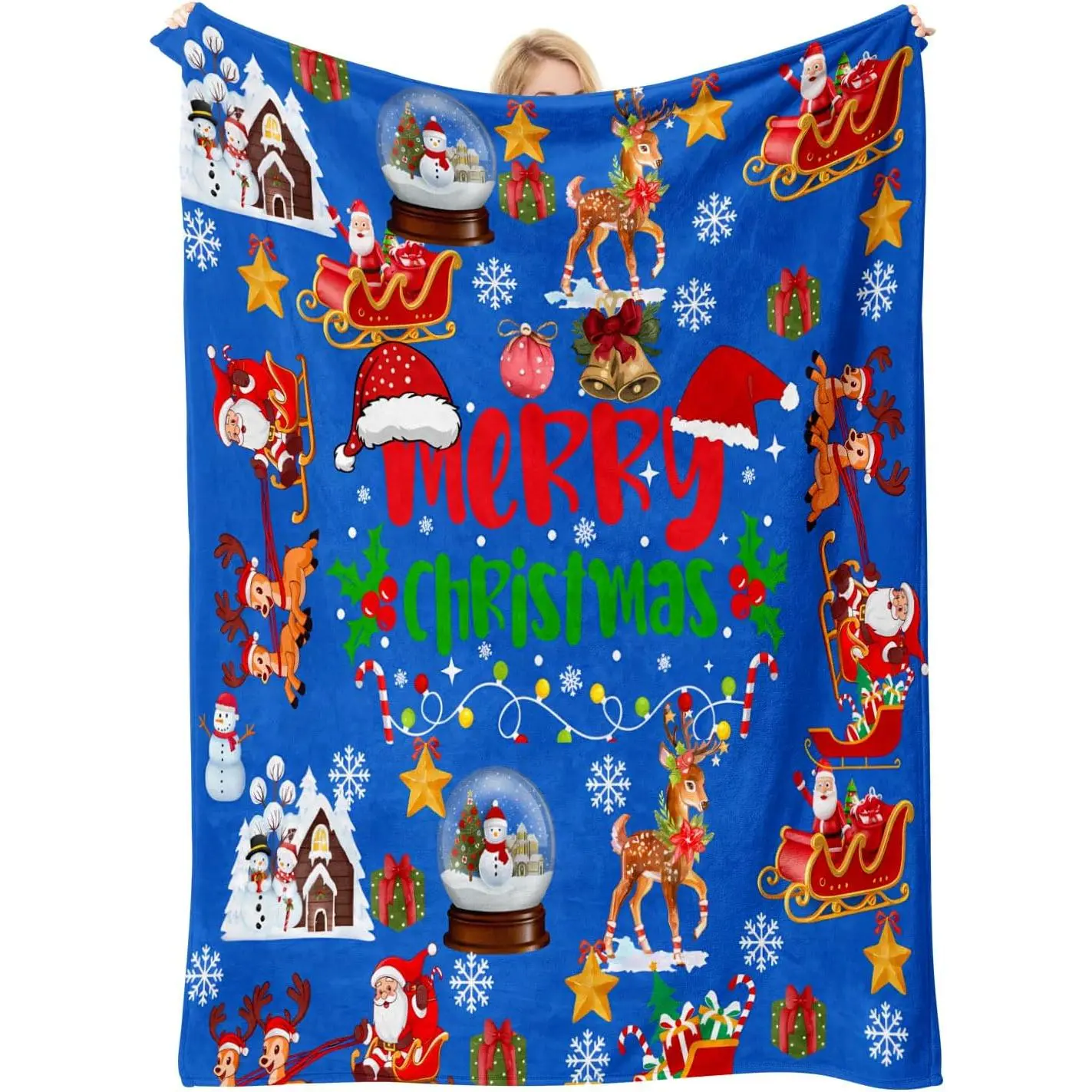 Merry Christmas Santa Throw Blanket, Soft Fuzzy Warm Flannel Blanket, Colorful Reindeer Snow Globe Holiday Print Blanket for Sofa Bed Couch Living Room Home Decor