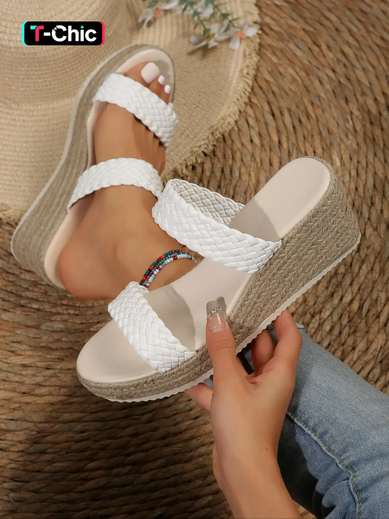 Women's Espadrille Wedge Sandals, Boho Wedge Sandals, Wide Fit Woven Platform Slides, Heeled Slide Sandals, Cloud Comfort Arch Support Summer Shoes, Casual High Wedge Sandals