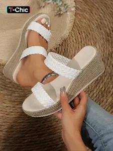 Women's Espadrille Wedge Sandals - Wide Fit Friendly Woven Platform Slides, Heeled Slide Sandals, Cloud Comfort Arch Support Summer Shoes, High Wedge Sandals