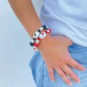 Poker Glass Beaded Bracelet Earrings Set, Red Heart Black Spade Casino Gambling Jewelry Gift for Women, Christmas Birthday Gift Ideas, Pack of 2 Sets