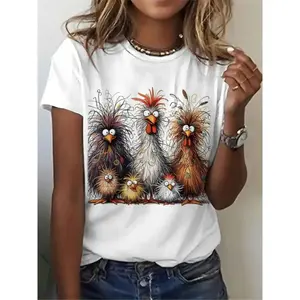 Stylish Cartoon Chicken Print Short Sleeve Crew Neck Tee for Women Casual Summer Top Ideal Gift
