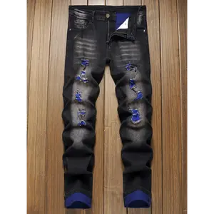 Men's Slim-Fit Ripped Black Jeans - Stretch Denim with Distressed Detail, Machine Washable