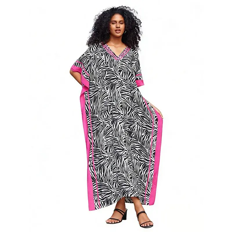 Women's Boho Kaftan Dress, Summer Clothes, Ethnic Print Casual Loose Fit Oversized Maxi Dress for Beach Holiday Vacation, Ladies Summer Clothes, Women's Clothing, Womenswear, Swimsuit Cover Up, Mumu Bubu Caftan Dresses for Party - Zebra Magenta