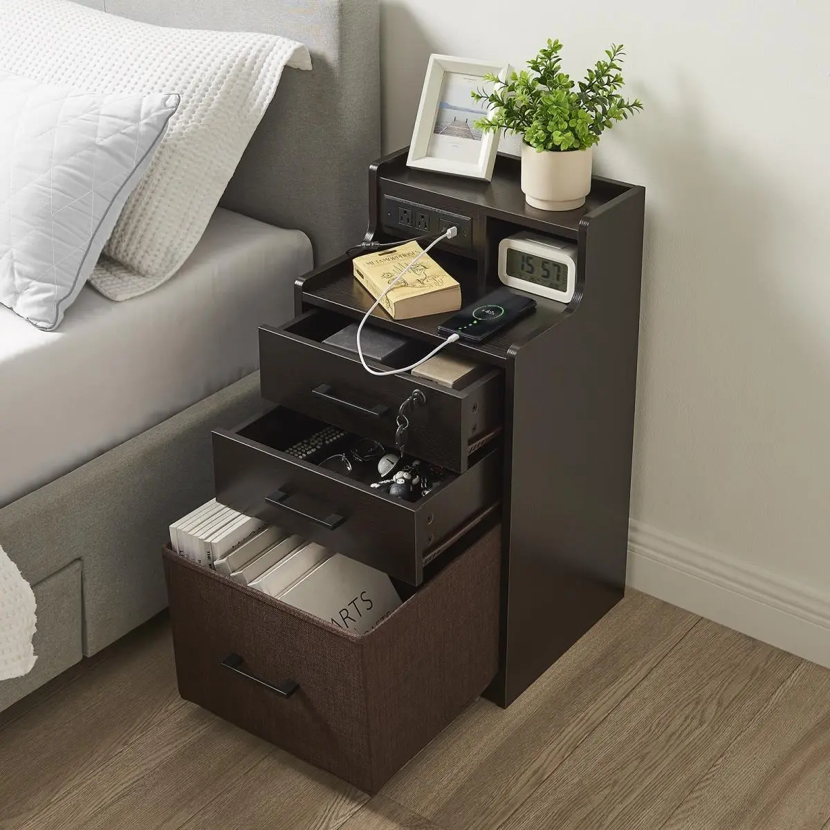 Utopia Alley BF01BZ 29 in. Dual-Use Elevated Multi-Functionality Drawer-Equipped Nightstand with Drawers, LED, Fast Charging, 3 USB Ports, 2 Power Outlets for Bedroom - Espresso, Drawer-Equipped Bedside Tables