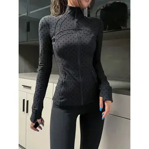 Polka Dot Fleece Stand Collar Yoga Jacket, High Stretch Slim Fit Women's Outerwear, Outdoor Sport Coat, Comfortable and Stylish