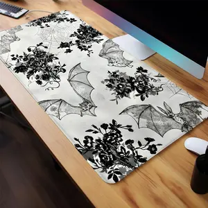 Bat & Floral Pattern Mouse Pad, Vintage Design Large Gaming Mouse Pad, Non-Slip Rubber Base Stitched Edge Desk Pad, Gaming Desk Accessory for Home Office Game Room
