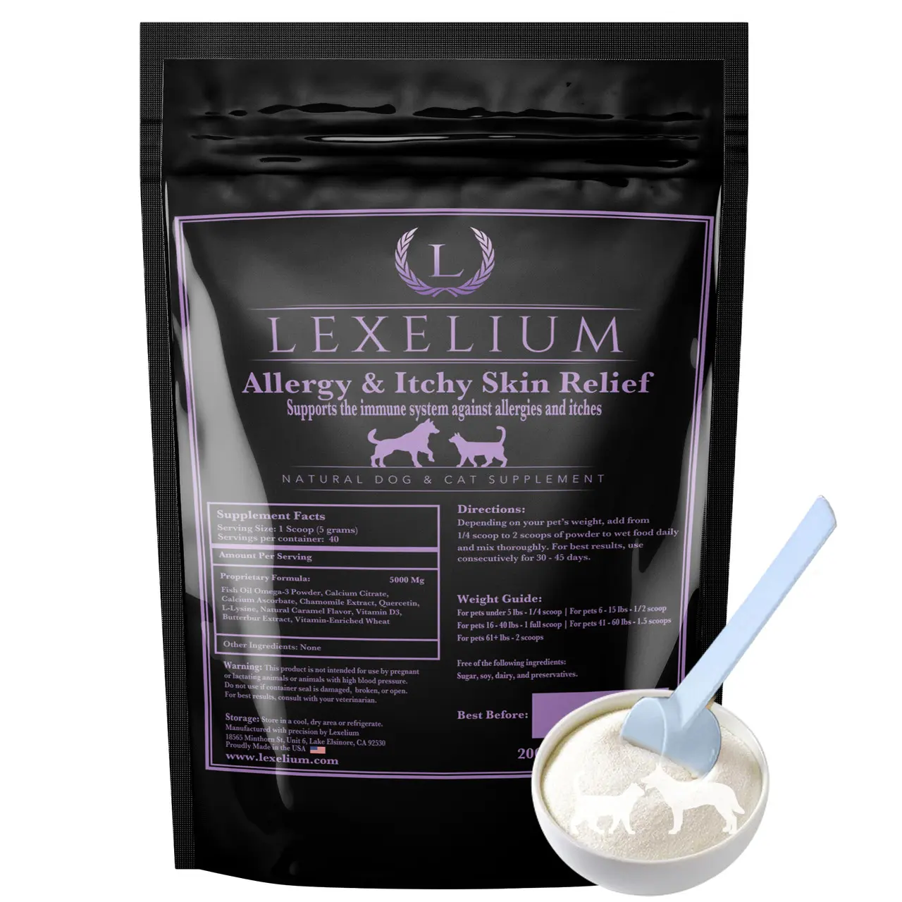 Lexelium Allergy & Itch Supplement for Dogs & Cats | 200g | Omega-3 Fish Oil, Quercetin & Chamomile | Coat & Immune Health
