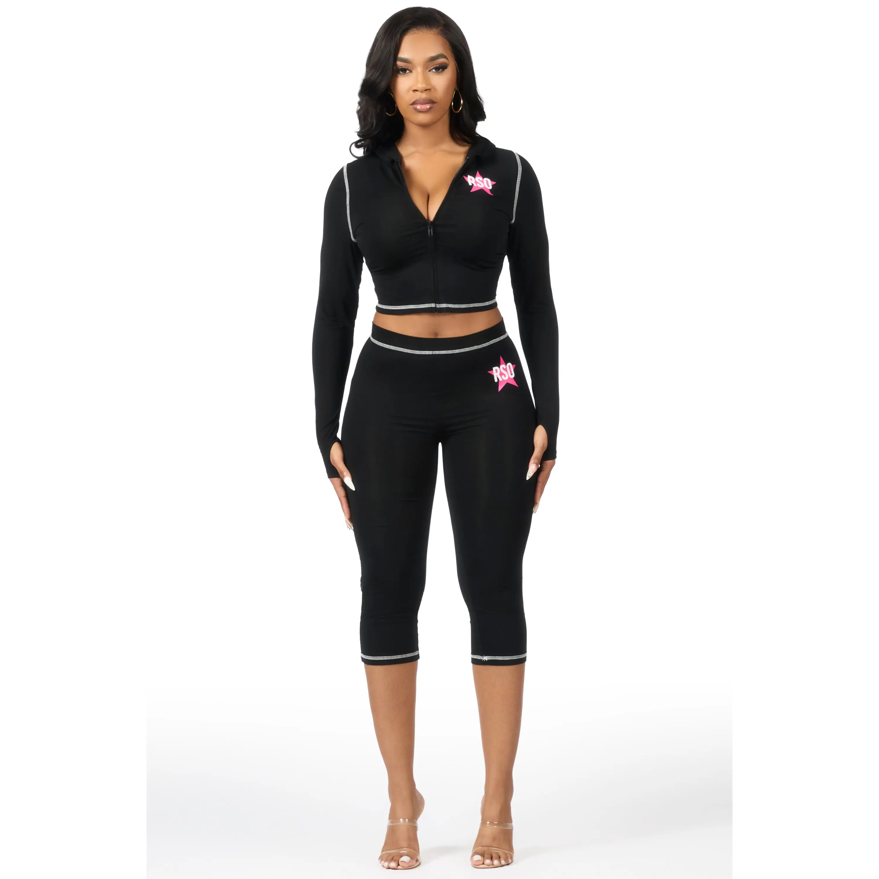 Sharina Black Zip Up Capri Set Sharina Black Zip Up Capri Set