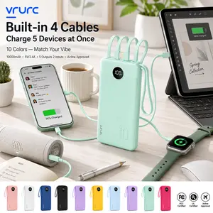 VRURC 10000mAh T116 Power Bank with 4 Built-in Cables USB-C USB-A Type-C LED Display Fast Charging Protection Multi-Device Battery Pack for iPhone Samsung Android Tablet iPad Earbuds Smartphone Black Green Compact Portable-Green