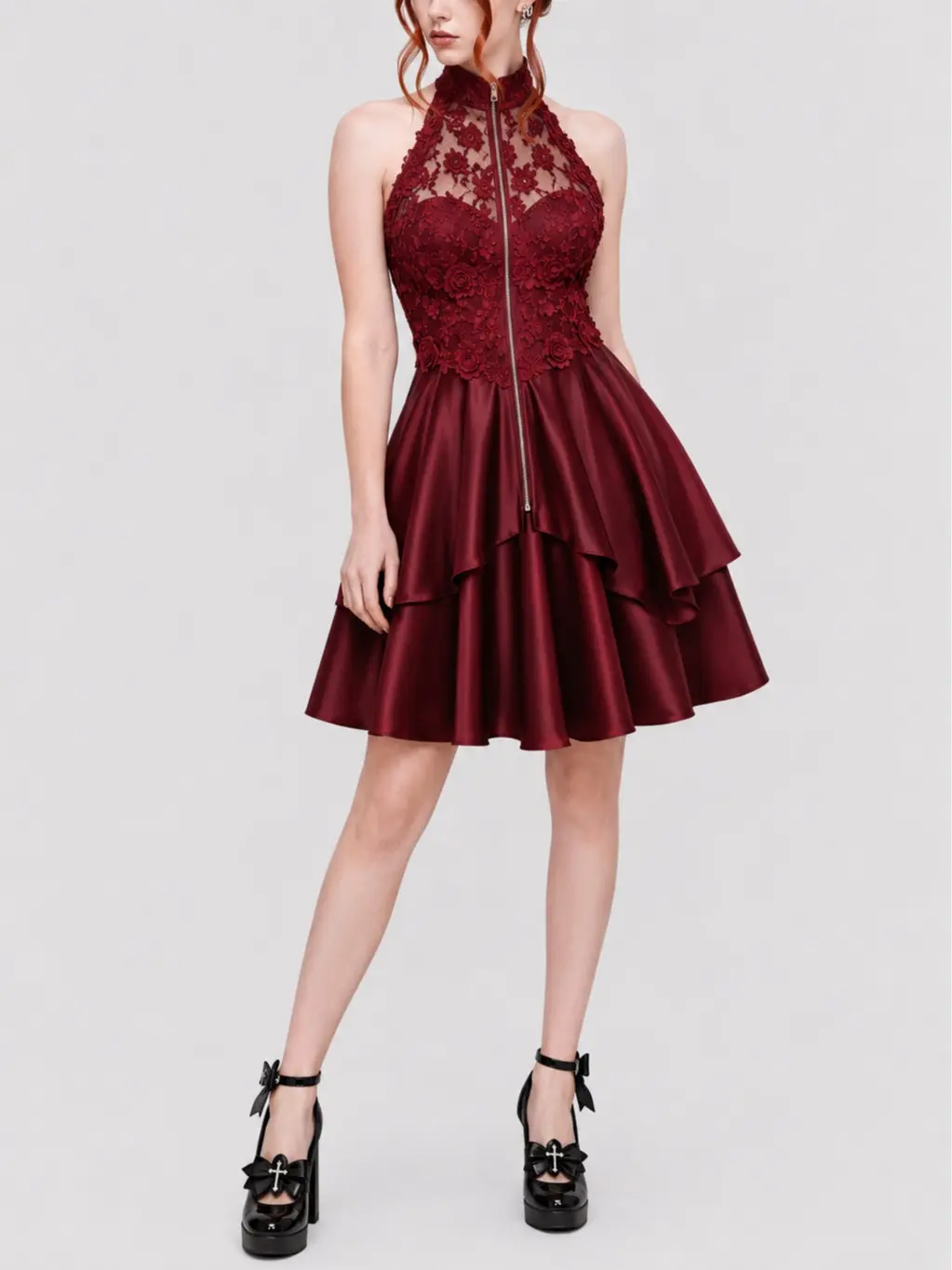 Rgothic Women's Polyester Gothic Rose Applique Mini Dress - Sleeveless A-Line with Stand Neckline, Ruffle Detail for Cocktail Parties, Elegance Dark Feminine Aesthetic Going Out Wear, Zip, Flowers
