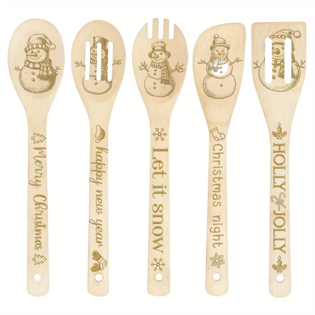 5pcs Christmas Bamboo Kitchen Christmas Utensil Set, Kitchen Bamboo Decorative Wooden Cooking Tool Set for Cooking, Birthday Thanksgiving Xmas Gift Giving Spoons and Spatulas, Kitchen Christmas Supplies, Holiday Gift Kitchen Utensils Set