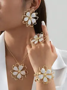 1set Elegant Versatile Geometric Hollow Flower Petal Adjustable Bracelet, Ring, Necklace, Earrings Jewelry Set For Women, Suitable For Daily Wear And Formal Events