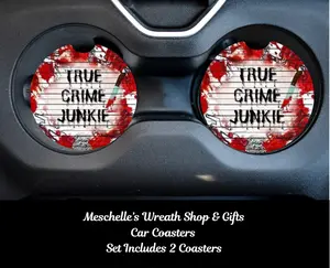 True Crime Junkie Car Coasters Set (Set Includes 2) - Neoprene/Ceramic Spill-Proof Automotive Accessories, Protect Cup Holders, Stylish Car Interior Upgrade & Decoration