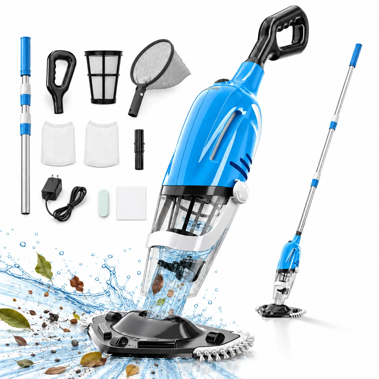 Cordless Handheld Pool Vacuum - Includes Telescopic Pole, Leaf Net, 18.5 GPM Flow, 80 Min Runtime, Dual-Filter System for Above Ground Pools