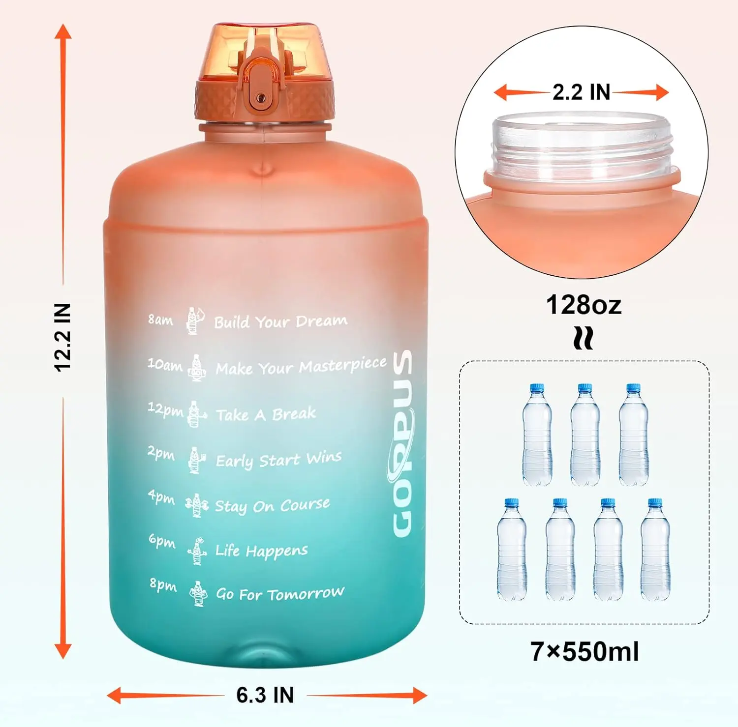 Goppus 1 Gallon Water Bottle With Time Marker,Portable Sports Bottle with Handle, Large Capacity Tumbler Cups, Water Jar with Straw, Water Bottle, Drinking Supplies for Home Office and Outdoor Sports,Gym