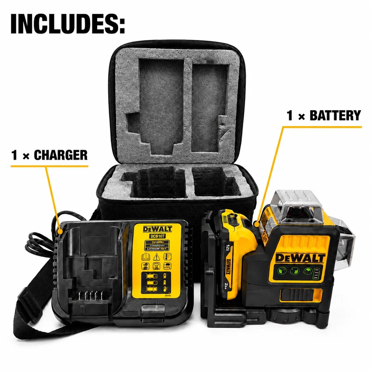 Dewalt DW089LG 12V Lithium Battery Laser Level Kit - 3-Sided, 360-Degree Vertical 12-Line Green Laser for Outdoor Construction & DIY Projects
