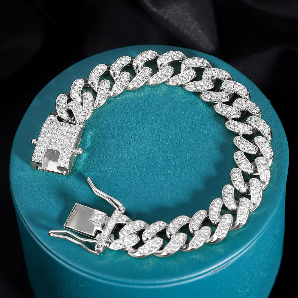 Men's 8in 13mm Iced Out Cuban Link Bracelet - Diamond Accents Metal Chain, High Quality Exquisite Trendy Bracelet, Unisex Men's Jewelry, Streetwear Everyday Accessory Gift for Boyfriend with Matching Set Option