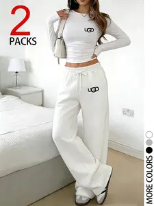 Women's Two-Piece Set, Casual Slim-Fitting Long Sleeve Top & Drawstring Straight Leg Pants, Comfortable Fabric, Perfect for Everyday Wear, Travel, Shopping