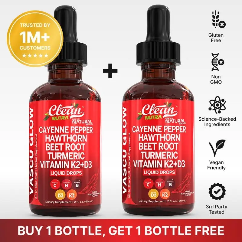 （Flash Sale）Clean Nutra BOGO | Cayenne Pepper Drops Supplement + Hawthorn Berry, Vitamin D3 K2, Organic Beet Root Powder, Ceylon Cinnamon, Turmeric Curcumin, Panax Ginseng & More Health Wellness Supplement Liquid Drops – Vascu Glow