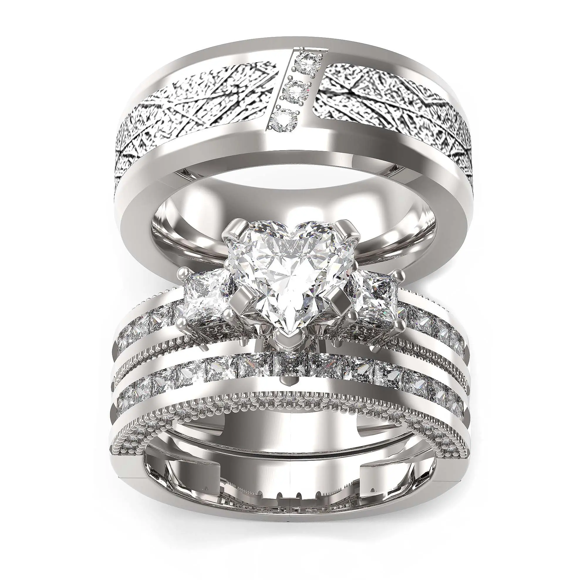 Ringcrown Couple Rings Matching Rings Heart Cut 1ct AAA CZ White Gold Plated 2pcs Women Wedding Ring Sets For Him And Her Ring Sets Men Titanium Steel Wedding Band