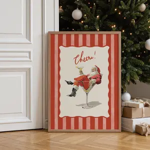 Cheers Santa Claus Poster, Retro Christmas Wall Art, Funny Vintage Holiday Print, Red Stripe Santa Martini Bar Cart Decor poster print [NO FRAMED]
