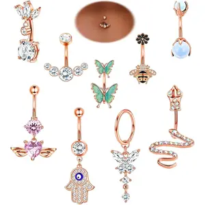 ZELORES 9Pcs 14G Belly Button Rings for Women Surgical Stainless Steel Belly Rings Cute Navel Rings Butterfly Snake Evil Eye Heart Hoop Dangle Rose Gold Belly Button Piercing Jewelry Cubic Zirconia