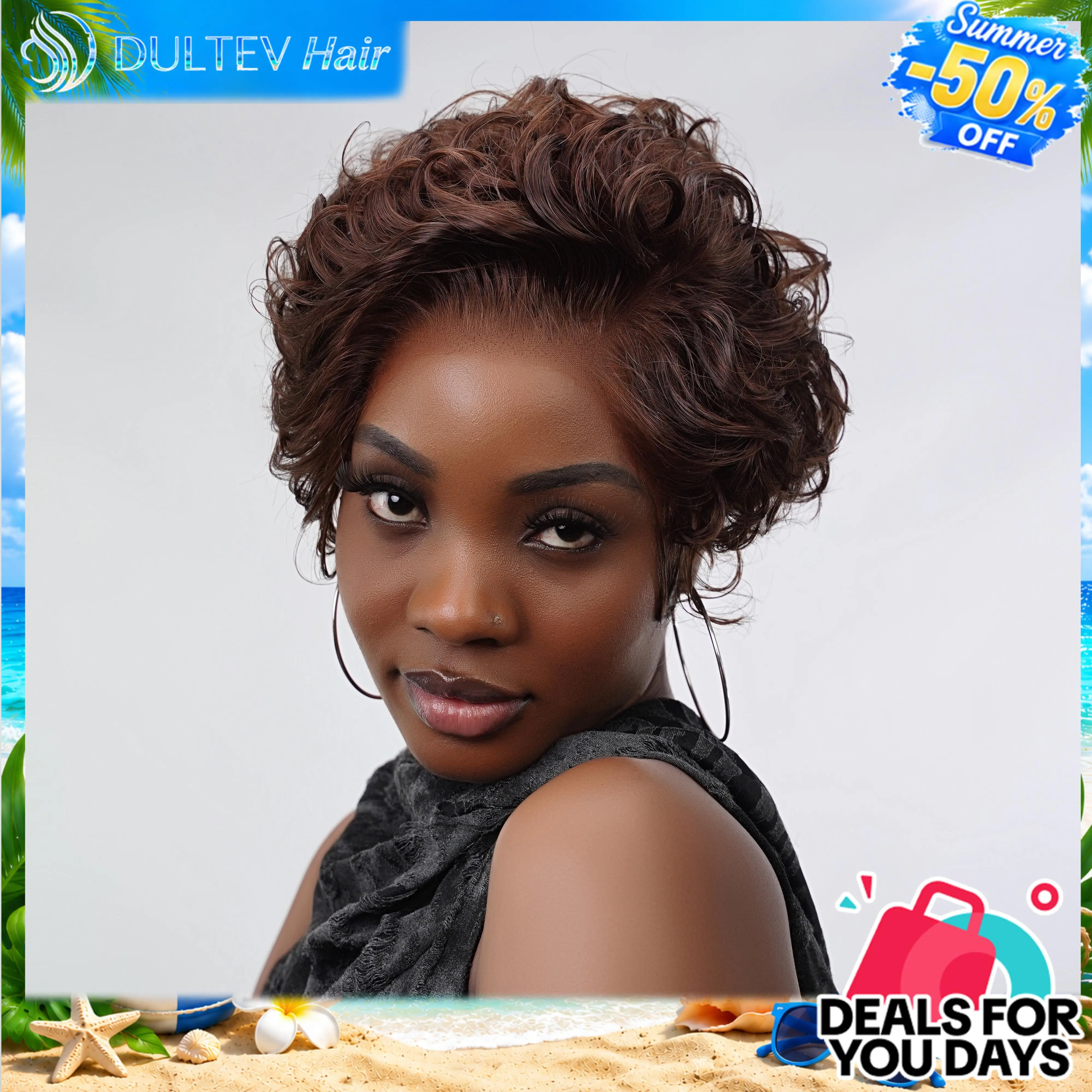 Dultev 13x6 Glueless Bixie Cut Wigs 008 for Women 180% Density Wear Go Lace Front Layered Luxury Beauty Curly HD Human Hair Wig #DealsforYouDays summerwins