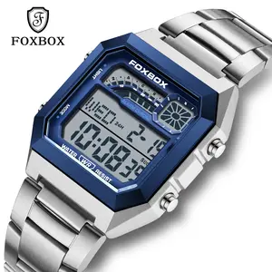 FOXBOX men's digital watch—perfect for students and adult men. Features an alloy case and strap, waterproof design, backlight, and displays time, date, and weekday