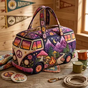 Boho Hippie Van Quilted Duffel Bag for Women, Purple Mountain Mushroom Weekender Travel Bag, Large Capacity Overnight Carry On Tote for Camping, Road Trips, Gym, Vacation & Weekend Getaways