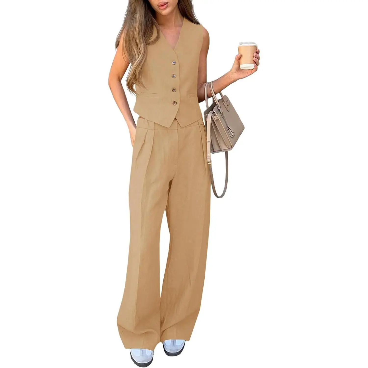 Imily Bela Women's 2 Piece Outfits V Neck Crop Vest Blazer and Wide Leg Suit Pants Sets