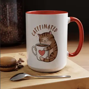 Catffined Mug - Cute Sleepy Cat Hugging Coffee Cup with Red Handle - Funny Cat Lover Gift for Cat Moms, Dads, and Coffee Fans - Tumbler, Drinkware