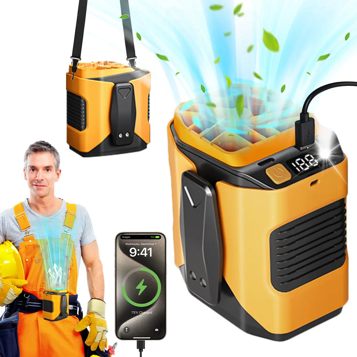 Oceantree Portable Waist Clip Fan 8H Working Time USB Rechargeable 5000mAh Battery,100 Speeds Stron Airflow LED Light Hands Free Hanging Neck Fan, Double Wearable Belt Fan for Blue Collar Job Outdoor Working, Farms, Garden, Fishing Hiking Camping Recharge