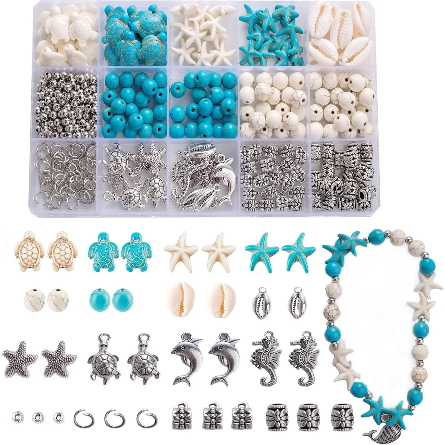 325 count Turquoise Sea Turtle Beads Blue and White Starfish Beads Tortoise Turtle Charms Summer   Spacer Bead Shell Bead for  Making DIY Bracelet Necklace Supplies(Box)