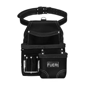 FUERI 10 pocket Leather Tool Pouch with adjustable Belt, Ideal for Electricians. Durable, Reinforced, High Quality.